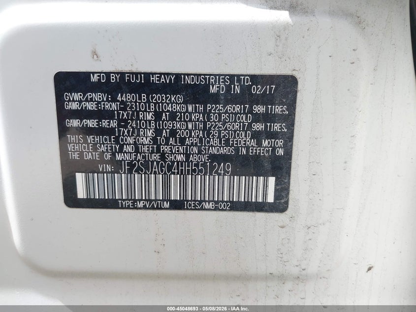 2017 Subaru Forester VIN JF2SJAGC4HH551249 IAAI salvage auction — FRONT END, Mv-907A (New York), sold $225 on 2026-07-16 (photo 9)