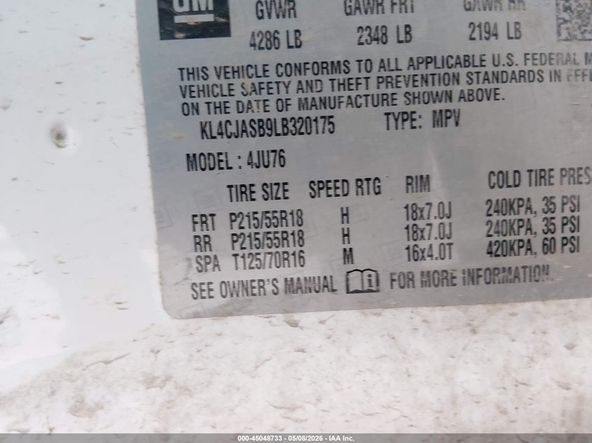 2020 Buick Encore VIN KL4CJASB9LB320175 IAAI salvage auction — HAIL, Clear (Missouri), sold $625 on 2026-07-23 (photo 9)