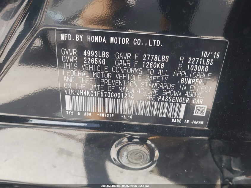 2016 Acura RLX VIN JH4KC1F57GC001274 IAAI salvage auction — NORMAL WEAR, Salvage Title, sold $1,000 on 2026-07-29 (photo 9)