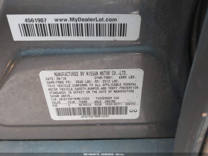 2019 Infiniti Q50 VIN JN1EV7AP7KM512333 IAAI salvage auction — FRONT END, Salvage (Texas), sold $1,675 on 2026-07-13 (photo 9)