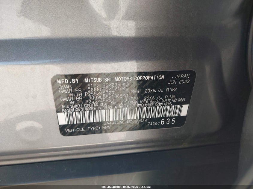 2022 Mitsubishi Outlander VIN JA4J4UA81NZ069684 IAAI salvage auction — FRONT END, Certificate Of Destruction (Florida), sold $5,100 on 2026-07-28 (photo 9)