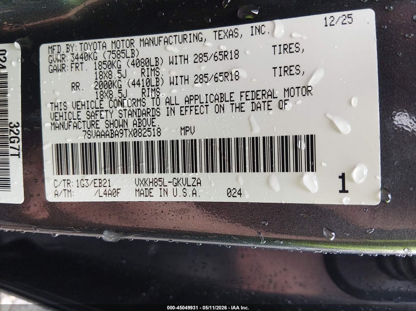 2026 Toyota Sequoia VIN 7SVAAABA9TX082518 IAAI salvage auction — ROLLOVER, Salvage (Louisiana), sold $25,750 on 2026-07-08 (photo 9)