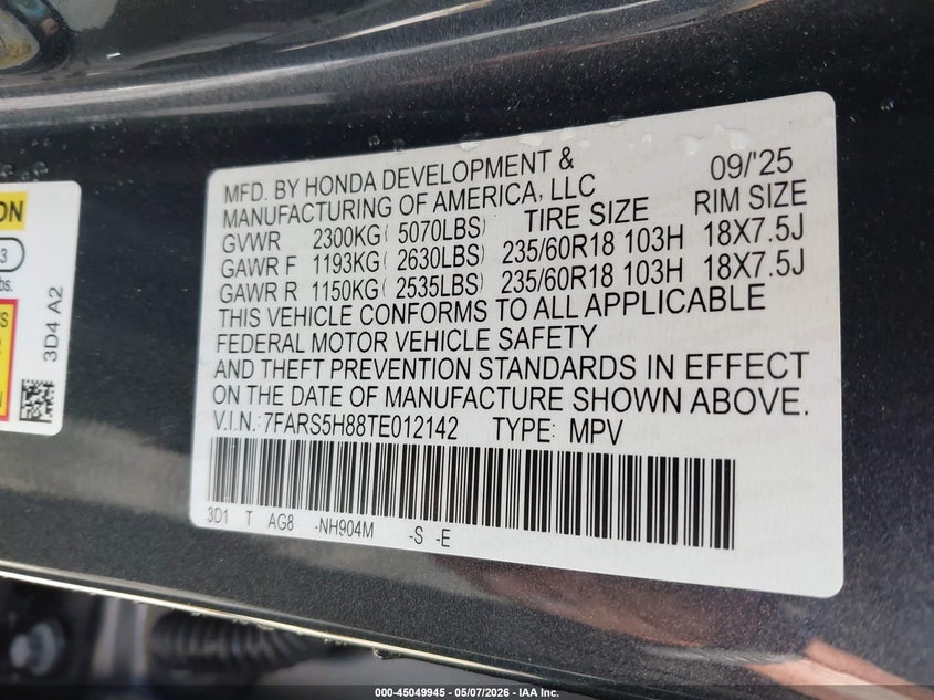 2026 Honda Cr-v VIN 7FARS5H88TE012142 IAAI salvage auction — FRONT END, Salvage (California), sold $17,250 on 2026-07-13 (photo 9)