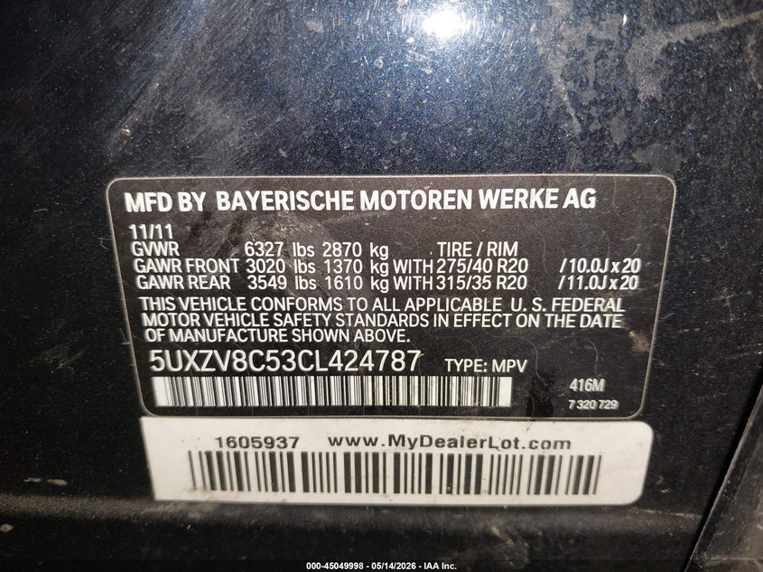 2012 BMW X5 VIN 5UXZV8C53CL424787 IAAI salvage auction — STRIPPED, Mv-907A (New York), sold $1,200 on 2026-07-07 (photo 9)