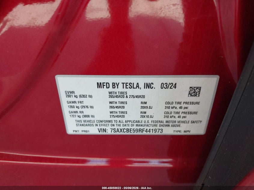 2024 Tesla Model x VIN 7SAXCBE59RF441973 IAAI salvage auction — RIGHT SIDE, Salvage Title, sold $19,500 on 2026-07-16 (photo 9)