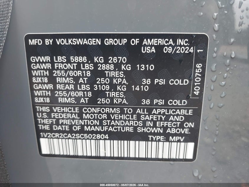 2025 Volkswagen Atlas VIN 1V2CR2CA2SC502804 IAAI salvage auction — RIGHT SIDE, Salvage Title, sold $13,450 on 2026-07-29 (photo 9)