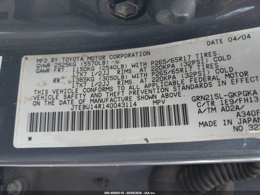2004 Toyota 4runner VIN JTEBU14R140043114 IAAI salvage auction — RIGHT SIDE, Salvage (Oregon), sold $2,550 on 2026-07-09 (photo 9)