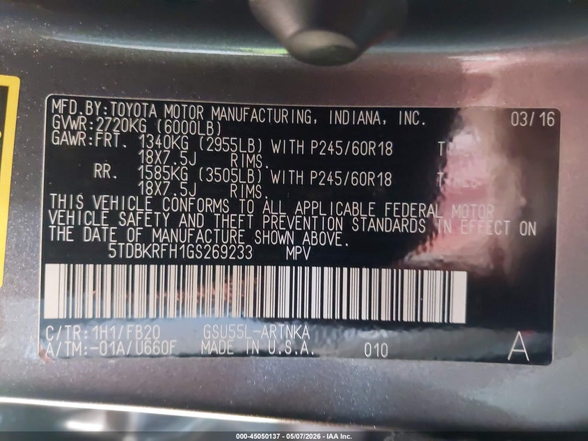 2016 Toyota Highlander VIN 5TDBKRFH1GS269233 IAAI salvage auction — FRONT END, Salvage (Idaho), sold $6,650 on 2026-07-24 (photo 9)