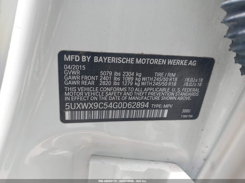 2016 BMW X3 VIN 5UXWX9C54G0D62894 IAAI salvage auction — NORMAL WEAR, Original (Texas), sold $1,275 on 2026-07-13 (photo 9)