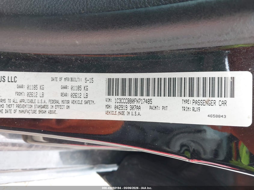 2015 Chrysler 200 VIN 1C3CCCBB0FN717485 IAAI salvage auction — RIGHT FRONT, Salvage (Texas), sold $100 on 2026-07-15 (photo 9)