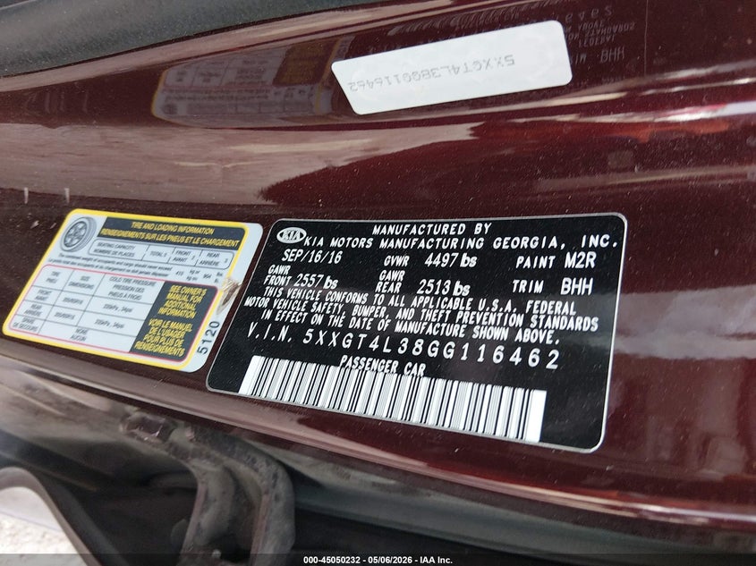 2016 Kia Optima VIN 5XXGT4L38GG116462 IAAI salvage auction — BIO HAZARD, Salvage (Texas), sold $425 on 2026-07-07 (photo 9)