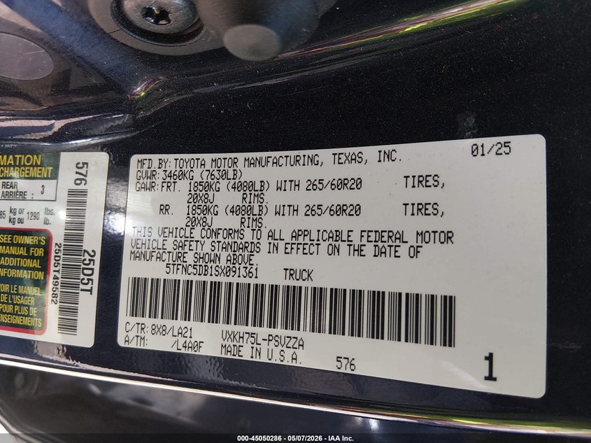 2025 Toyota Tundra VIN 5TFNC5DB1SX091361 IAAI salvage auction — FRONT END, Original (Texas), sold $18,200 on 2026-07-30 (photo 9)