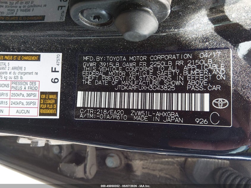 2017 Toyota Prius VIN JTDKARFUXH3043825 IAAI salvage auction — LEFT SIDE, Salvage (Colorado), sold $3,650 on 2026-07-14 (photo 9)