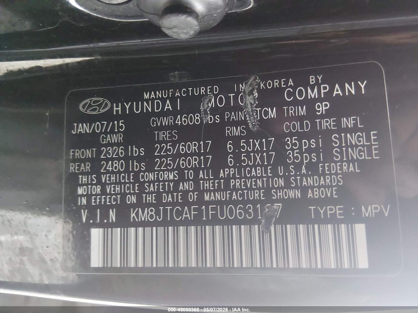 2015 Hyundai Tucson VIN KM8JTCAF1FU063167 IAAI salvage auction — FRONT END, Salvage (Idaho), sold $1,150 on 2026-07-28 (photo 9)