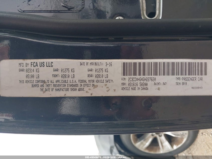 2016 Dodge Charger VIN 2C3CDXHG4GH227620 IAAI salvage auction — FRONT & REAR, Original (Texas), sold $1,525 on 2026-07-18 (photo 9)