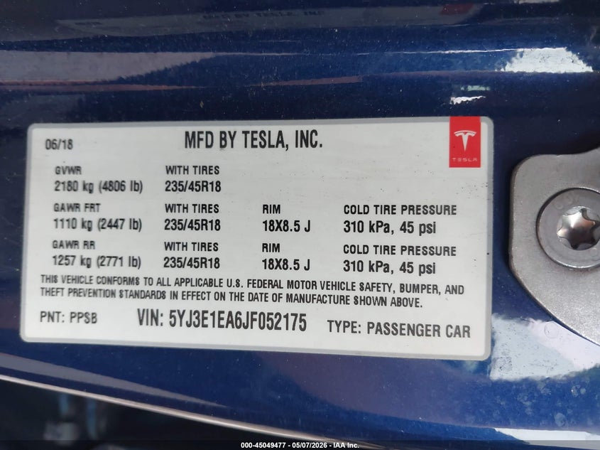 2018 Tesla Model 3 VIN 5YJ3E1EA6JF052175 IAAI salvage auction — LEFT SIDE, Salvage - Greater Than 75% (Maryland), sold $3,150 on 2026-07-09 (photo 9)
