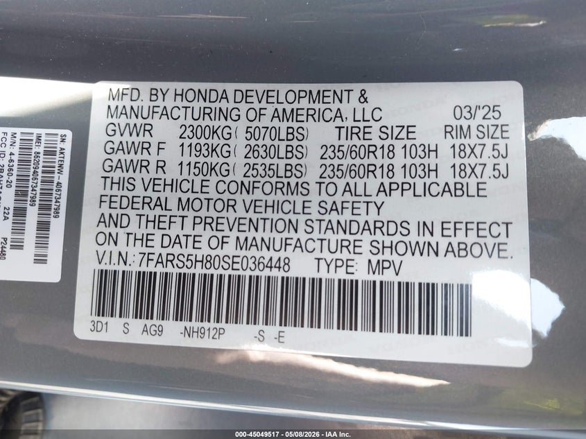 2025 Honda Cr-v VIN 7FARS5H80SE036448 IAAI salvage auction — FRONT END, Salvage (Indiana), sold $15,650 on 2026-07-16 (photo 9)