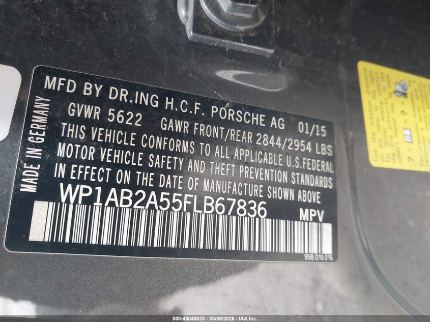 2015 Porsche Macan VIN WP1AB2A55FLB67836 IAAI salvage auction — FRONT END, Clear (Montana), sold $3,500 on 2026-07-22 (photo 9)