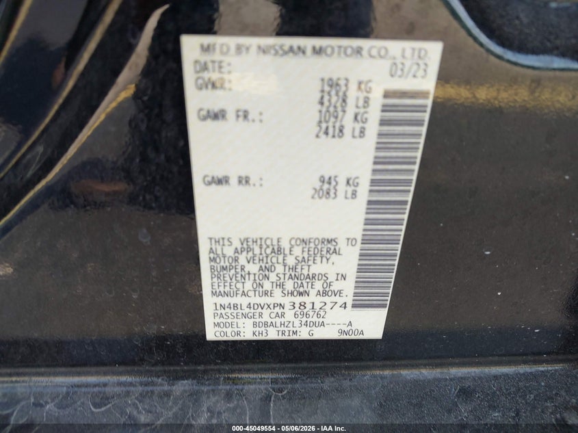 2023 Nissan Altima VIN 1N4BL4DVXPN381274 IAAI salvage auction — FRONT END, Rebuildable (Florida), sold $4,000 on 2026-09-11 (photo 9)