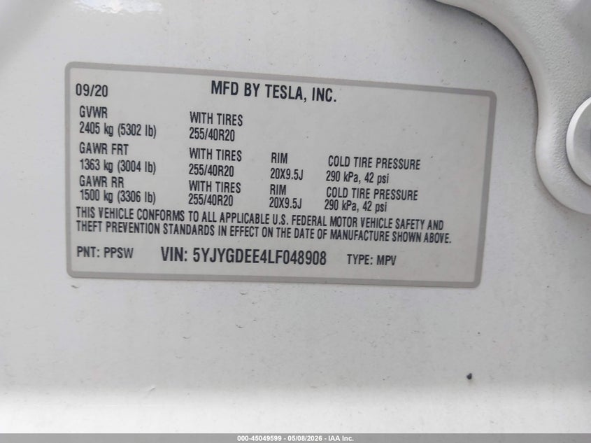 2020 Tesla Model y VIN 5YJYGDEE4LF048908 IAAI salvage auction — LEFT FRONT, Salvage (West Virginia), sold $5,500 on 2026-07-22 (photo 9)