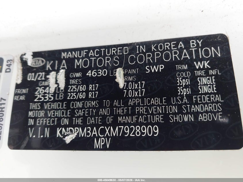 2021 Kia Sportage VIN KNDPM3ACXM7928909 IAAI salvage auction — RIGHT FRONT, Original (Texas), sold $3,575 on 2026-07-23 (photo 9)
