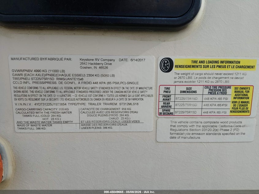 2018 Keystone rv Other VIN 4YDT31225J1530854 IAAI salvage auction — HAIL, Salvage (Nebraska), sold $1,650 on 2026-07-29 (photo 9)