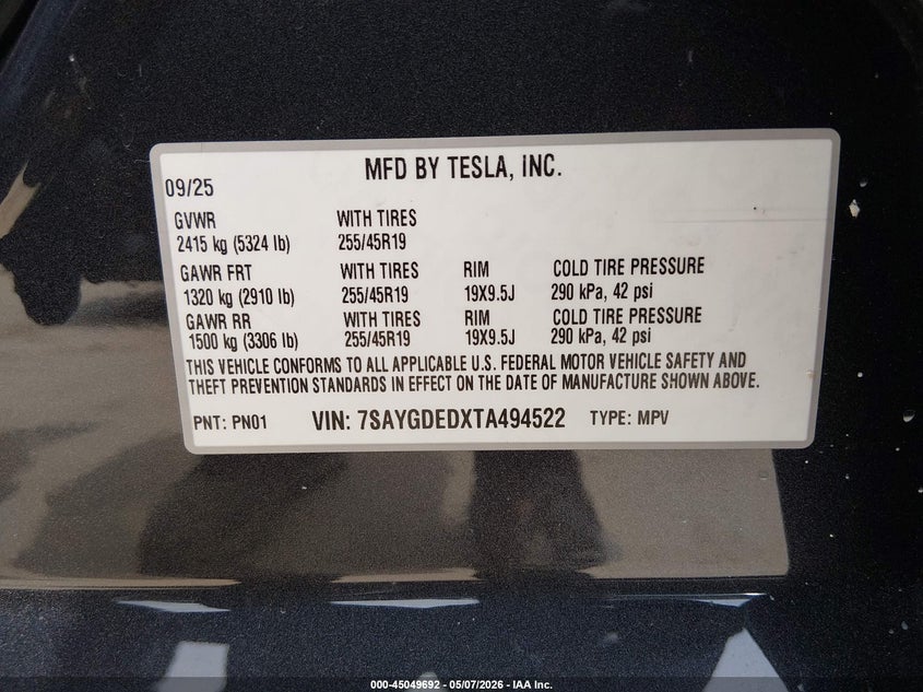 2026 Tesla Model y VIN 7SAYGDEDXTA494522 IAAI salvage auction — RIGHT FRONT, Original (Texas), sold $21,500 on 2026-07-30 (photo 9)