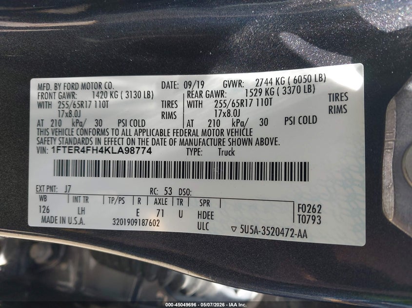 2019 Ford Ranger VIN 1FTER4FH4KLA98774 IAAI salvage auction — FRONT END, Salvage (Kansas), sold $7,725 on 2026-07-28 (photo 9)