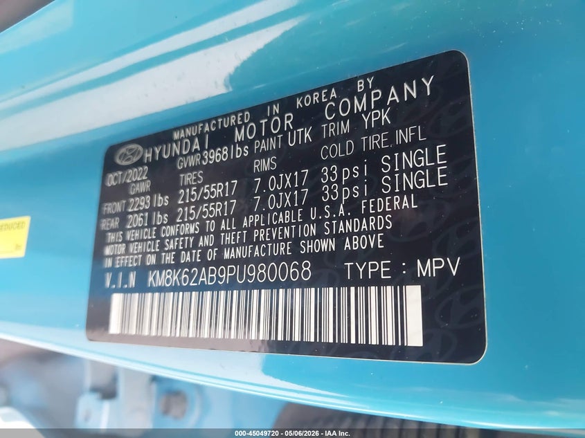 2023 Hyundai Kona VIN KM8K62AB9PU980068 IAAI salvage auction — FRONT END, Salvage (Texas), sold $2,850 on 2026-07-21 (photo 9)