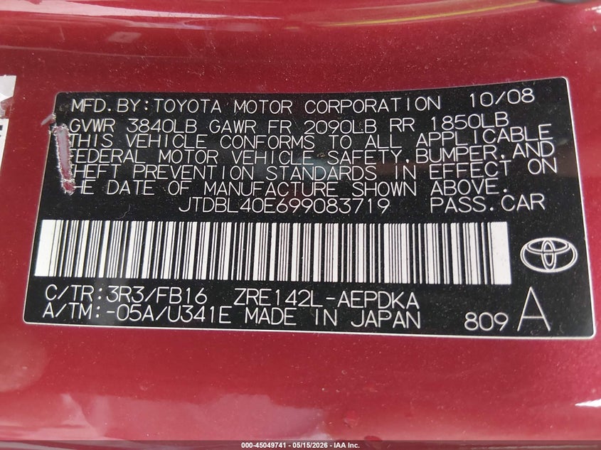 2009 Toyota Corolla VIN JTDBL40E699083719 IAAI salvage auction — RIGHT FRONT, Salvage (Idaho), sold $1,850 on 2026-07-31 (photo 9)