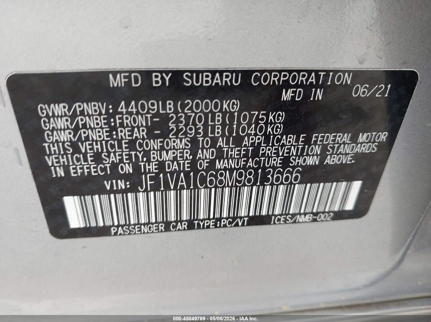 2021 Subaru Wrx VIN JF1VA1C68M9813666 IAAI salvage auction — FRONT END, Original (Texas), sold $4,550 on 2026-07-09 (photo 9)