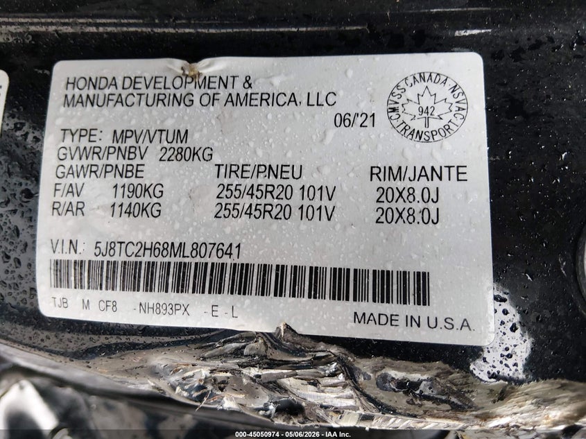 2021 Acura Rdx VIN 5J8TC2H68ML807641 IAAI salvage auction — LEFT SIDE, Salvage (West Virginia), sold $10,750 on 2026-07-23 (photo 9)
