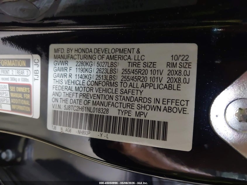 2022 Acura Rdx VIN 5J8TC2H61NL018328 IAAI salvage auction — LEFT FRONT, Salvage Title, sold $11,050 on 2026-08-20 (photo 9)