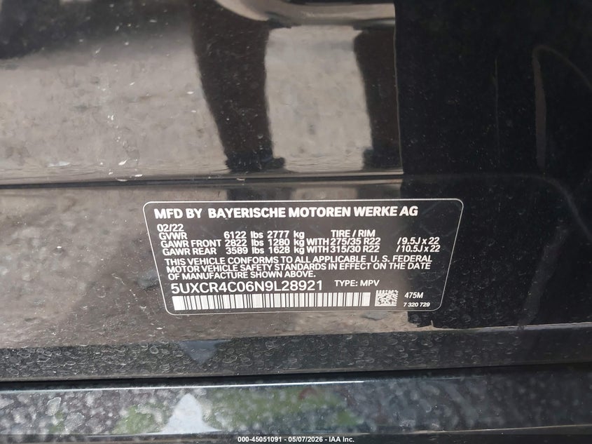 2022 BMW X5 VIN 5UXCR4C06N9L28921 IAAI salvage auction — RIGHT REAR, Original (Texas), sold $24,850 on 2026-07-09 (photo 9)