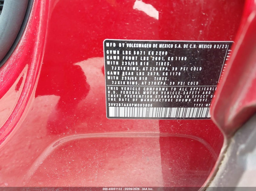 2023 Volkswagen Tiguan VIN 3VV2B7AX6PM083806 IAAI salvage auction — FRAME DAMAGE, Salvage (Illinois), sold $7,300 on 2026-07-28 (photo 9)