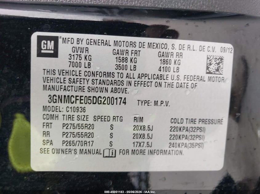 2013 Chevrolet Avalanche VIN 3GNMCFE05DG200174 IAAI salvage auction — FRONT END, Original (Texas), sold $9,825 on 2026-07-08 (photo 9)