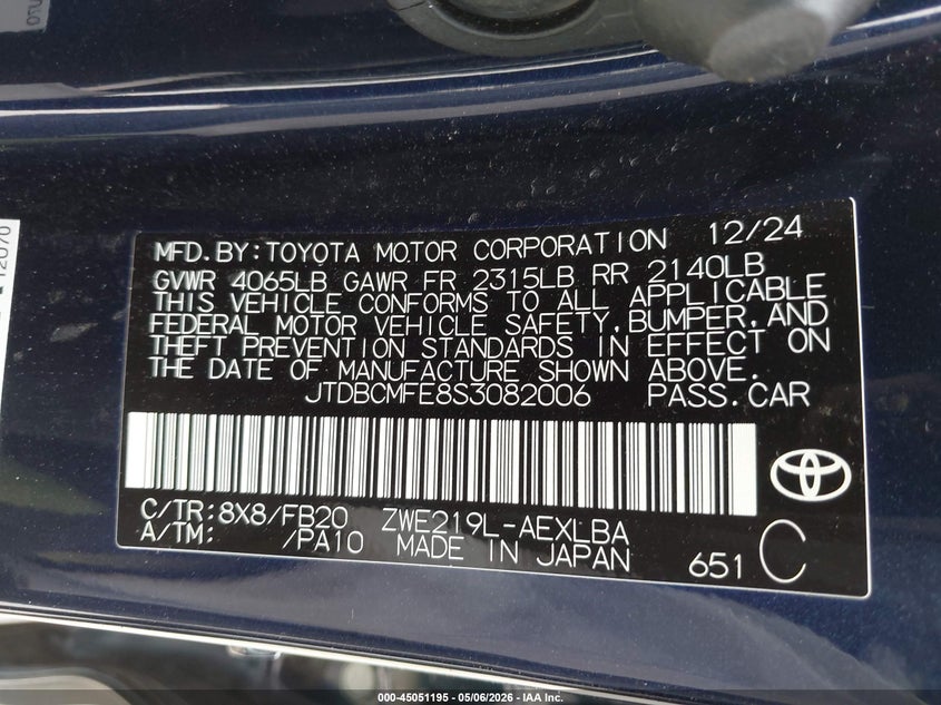 2025 Toyota Corolla VIN JTDBCMFE8S3082006 IAAI salvage auction — FRONT END, Salvage (Indiana), sold $4,850 on 2026-07-13 (photo 9)