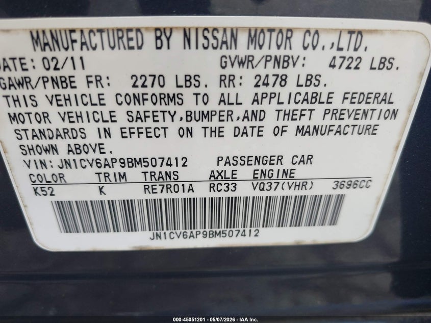 2011 Infiniti G VIN JN1CV6AP9BM507412 IAAI salvage auction — REAR END, Salvage (Idaho), sold $2,250 on 2026-07-29 (photo 9)