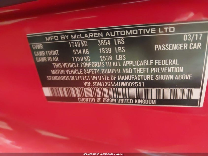 2017 Mclaren 570gt VIN SBM13GAA4HW002541 IAAI salvage auction — ROOF, Previous Salvage (Michigan), sold $53,800 on 2026-07-30 (photo 9)