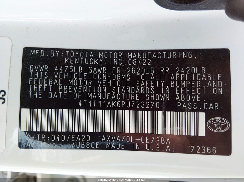 2023 Toyota Camry VIN 4T1T11AK6PU723270 IAAI salvage auction — REAR END, Salvage (Missouri), sold $7,300 on 2026-07-31 (photo 9)