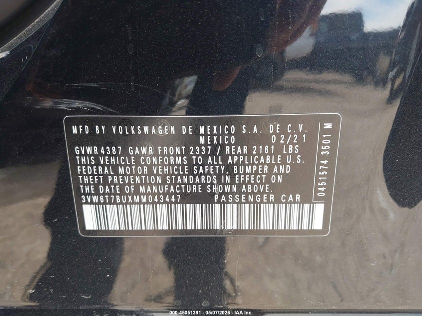 2021 Volkswagen Jetta VIN 3VW6T7BUXMM043447 IAAI salvage auction — SIDE, Original (Texas), sold $8,600 on 2026-07-28 (photo 9)