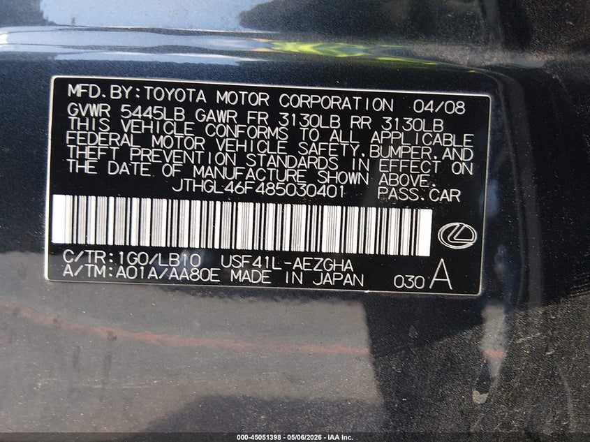 2008 Lexus Ls VIN JTHGL46F485030401 IAAI salvage auction — LEFT SIDE, Salvage (California), sold $1,200 on 2026-07-13 (photo 9)