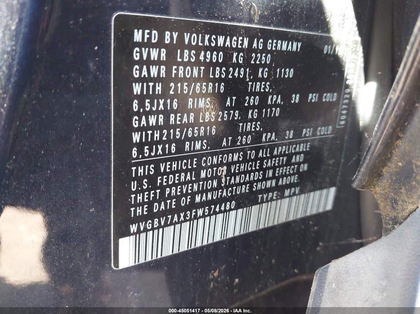 2015 Volkswagen Tiguan VIN WVGBV7AX3FW574480 IAAI salvage auction — NORMAL WEAR, Salvage (Texas), sold $675 on 2026-07-24 (photo 9)