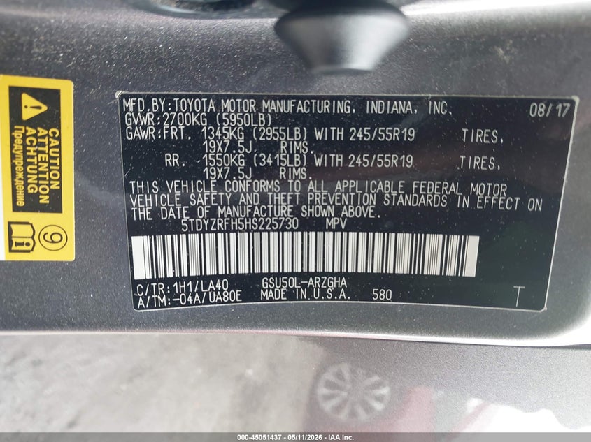 2017 Toyota Highlander VIN 5TDYZRFH5HS225730 IAAI salvage auction — RIGHT SIDE, Salvage (Georgia), sold $10,850 on 2026-07-08 (photo 9)