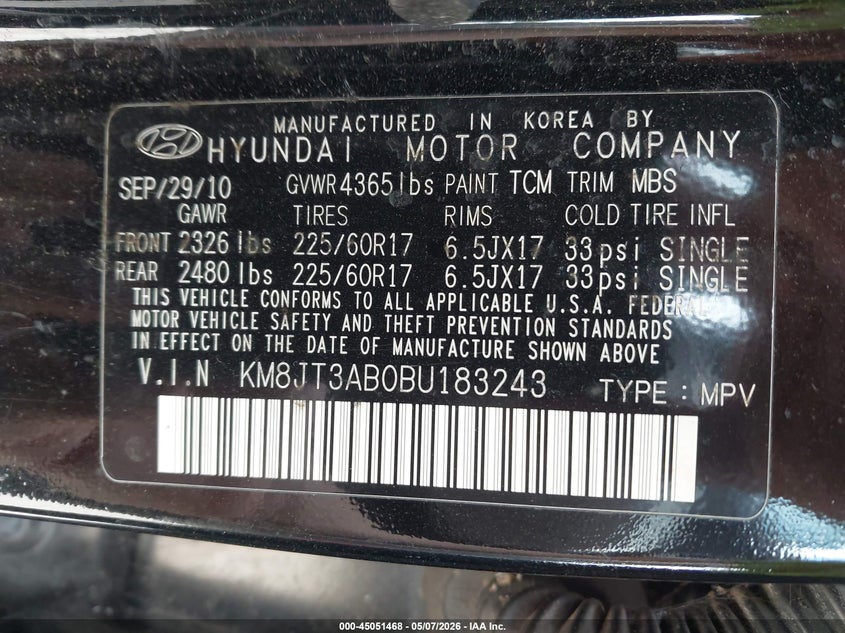 2011 Hyundai Tucson VIN KM8JT3AB0BU183243 IAAI salvage auction — THEFT, Mv-907A (New York), sold $725 on 2026-07-21 (photo 9)