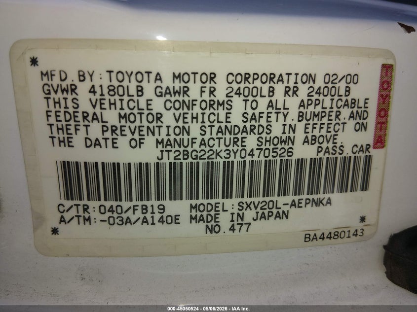 2000 Toyota Camry VIN JT2BG22K3Y0470526 IAAI salvage auction — ALL OVER, Salvage (Nevada), sold $400 on 2026-07-25 (photo 9)