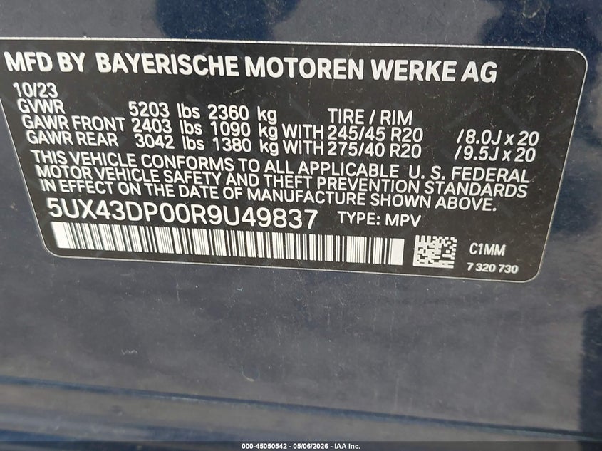 2024 BMW X3 VIN 5UX43DP00R9U49837 IAAI salvage auction — FRONT END, Original (Texas), sold $15,625 on 2026-07-20 (photo 9)