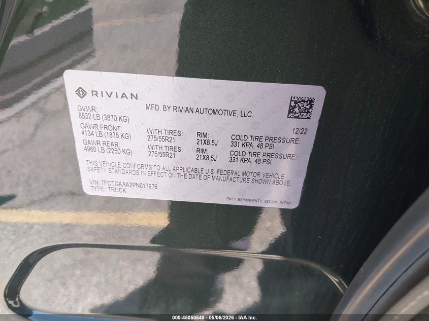 2023 Rivian R1t VIN 7FCTGAAA2PN017976 IAAI salvage auction — REAR END, Salvage (California), sold $18,800 on 2026-07-20 (photo 9)