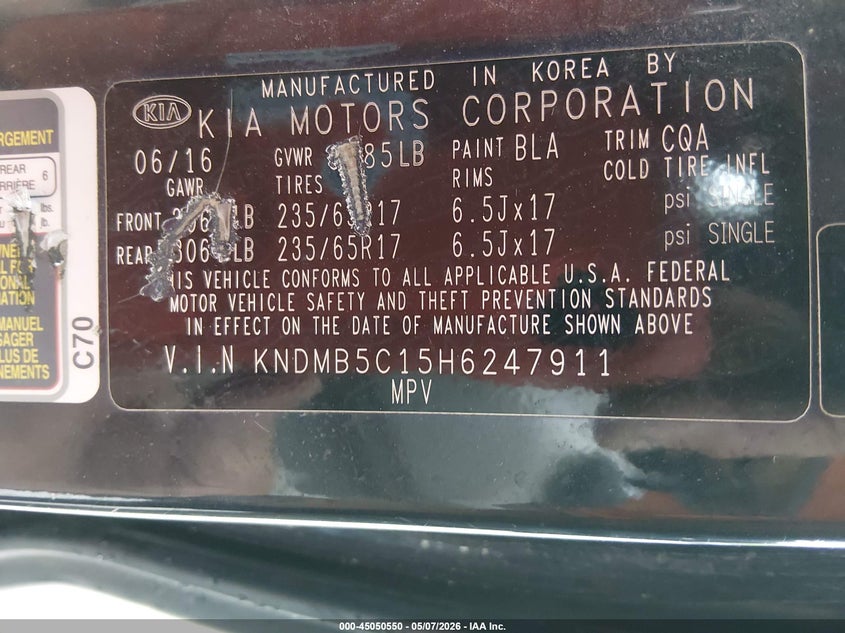 2017 Kia SEDONA VIN KNDMB5C15H6247911 IAAI salvage auction — FRONT END, Salvage (Ohio), sold $900 on 2026-07-19 (photo 9)
