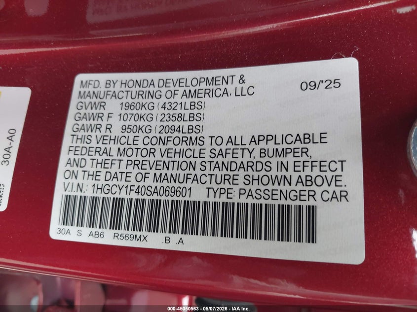 2025 Honda Accord VIN 1HGCY1F40SA069601 IAAI salvage auction — REAR END, Original (Texas), sold $8,400 on 2026-07-28 (photo 9)